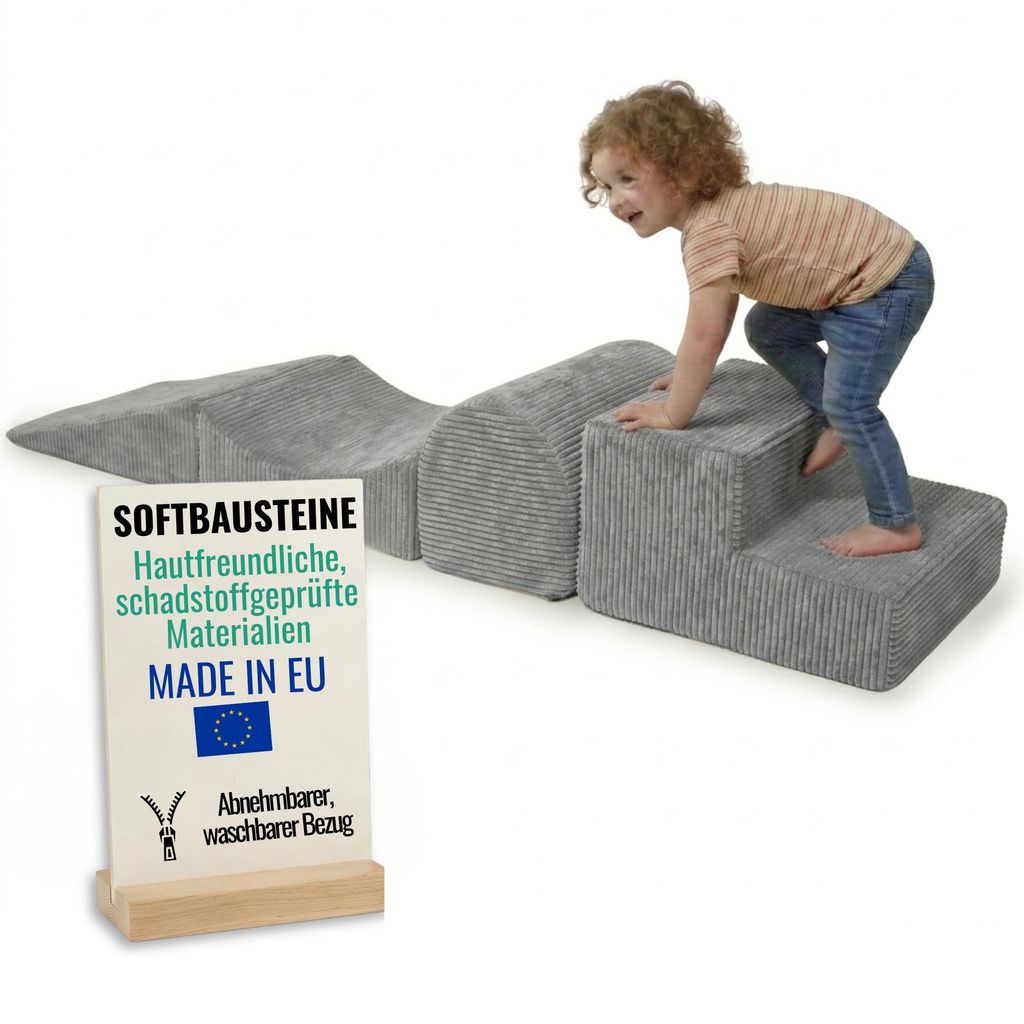 Pillows24 – Schaumstoff Bausteine Kinder aus Cord | 4-teiliges Softbausteine Set zum Spielen & Klettern Baby | für Motorik & Bewegung