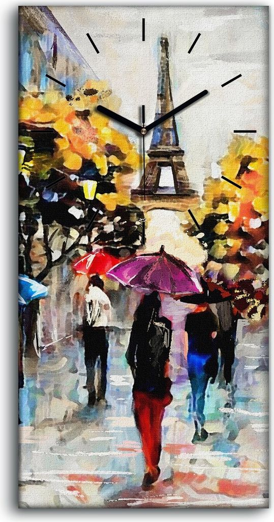 Wanduhr Uhr Wandbild Leinwand Quarz 30x60 Frankreich Paris Eiffel Straße Leute - schwarze Hände