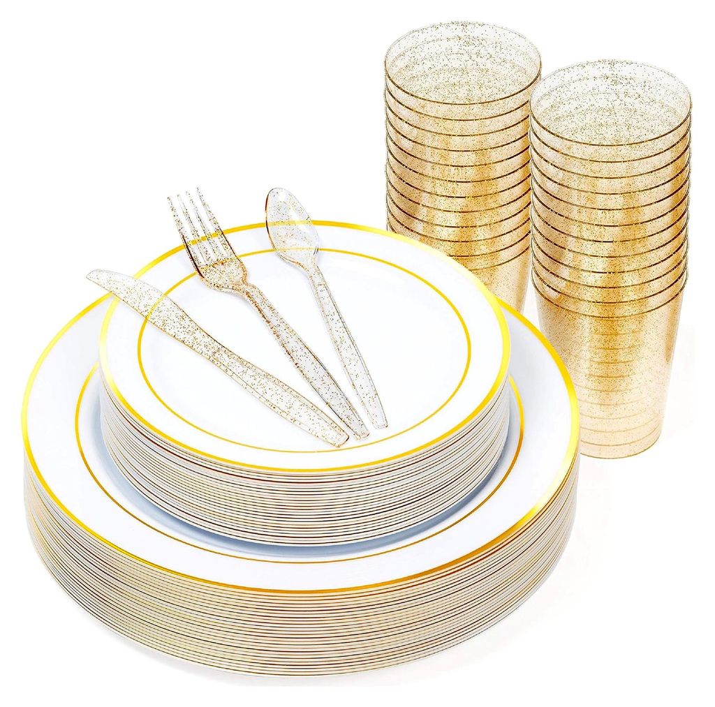 150-teiliges Mehrweg-Partygeschirrset in Weiß und Gold für 25 Gäste - 25 Plastikteller, 25 Dessertteller, 25 Löffel, 25 Gabeln, 25 Messer und 2...