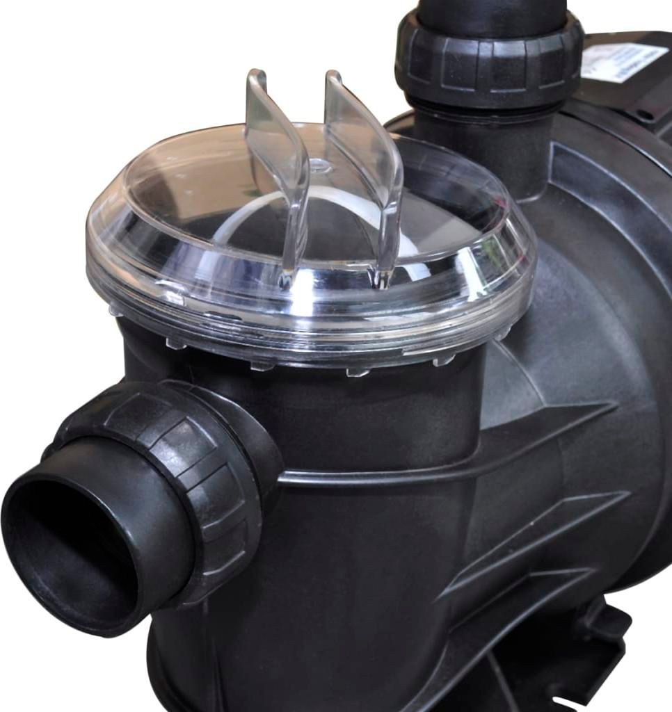 Close-up of a black pool pump with a clear lid.
