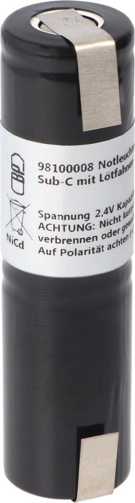 Notleuchtenakku NiCd 2,4V 1800mAh L1x2 Sub-C mit Lötfahnen ersetzt 2,4 V Akku, Abmessungen 23 x 86 mm (Ø x H)