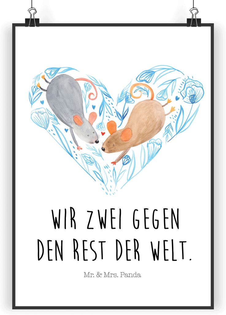 Mr. & Mrs. Panda Bild Mäuse Herz DIN A4 - Weiß - Geschenk, Liebesspruch, Maus, Deko, wanddeko, Kunstdruck, für Immer, drucke, Freundin, Liebe, p...
