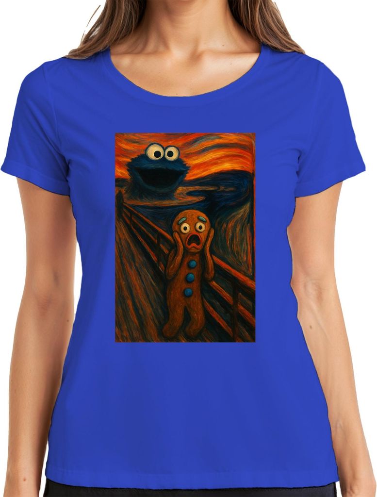 Lebkuchenmann Schrei Keksmonster Abendrot Grusel Karneval Fasching Damen T-Shirt, Blau, S