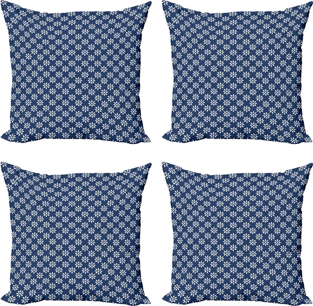 ABAKUHAUS Indigo Kissenbezug Set (4 Stück), Daisy wie Blumen, Moderner Doppelseitiger Digitaldruck, 45 cm x 45 cm, Marine-Blau und Weiß