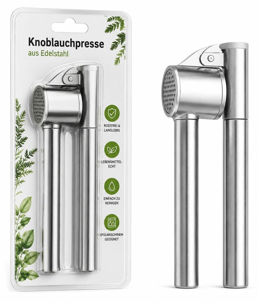 Knoblauchpresse Edelstahl mit ergonomischem Griff & starkem Produktbild  KI-generiertes Bild