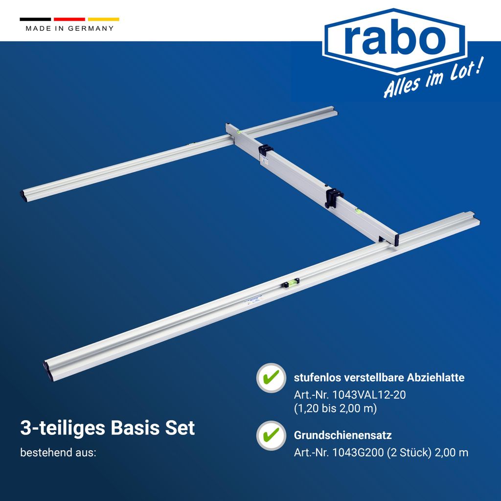 rabo Trockenschüttungslehre 3-teilig | 2 Grundschienen 2m | 1 stufenlos verstellbare Abziehlatte 1,20-2m | Basis-Set