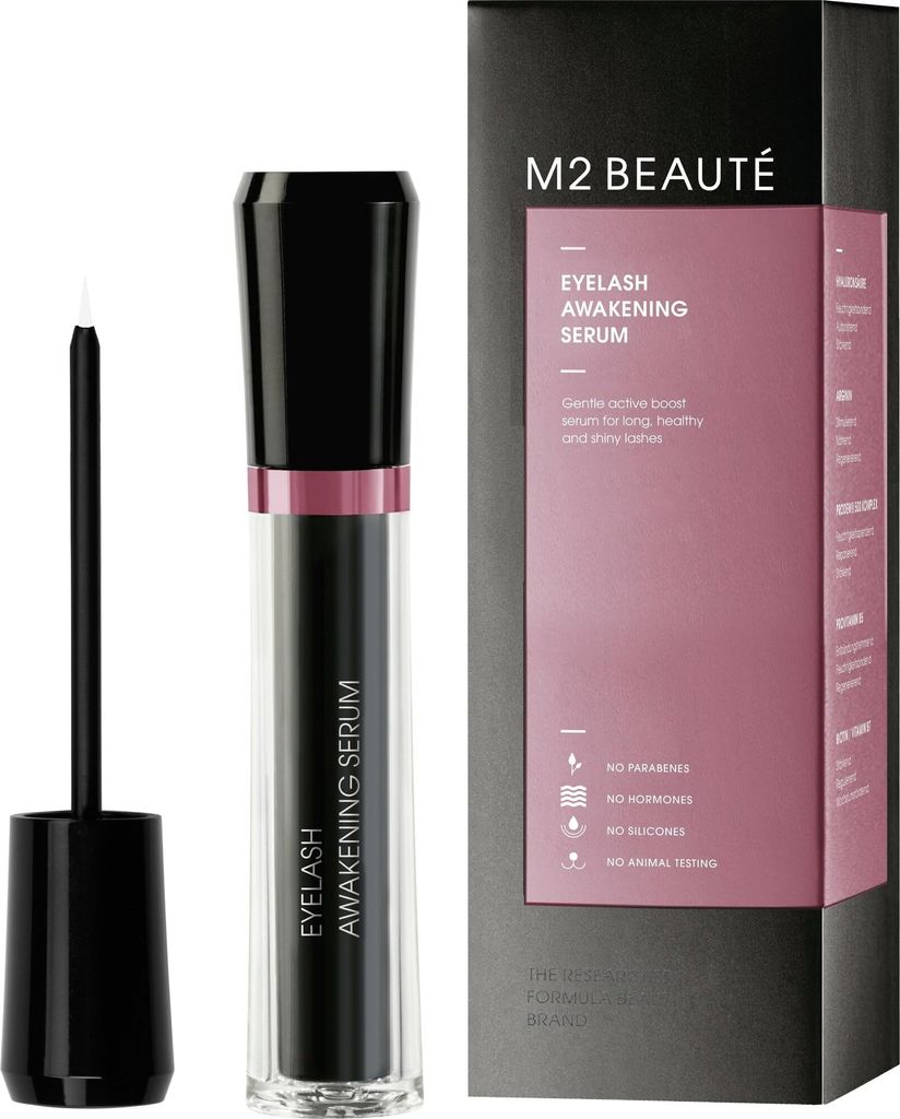 A product shot of an eyelash serum and its packaging.