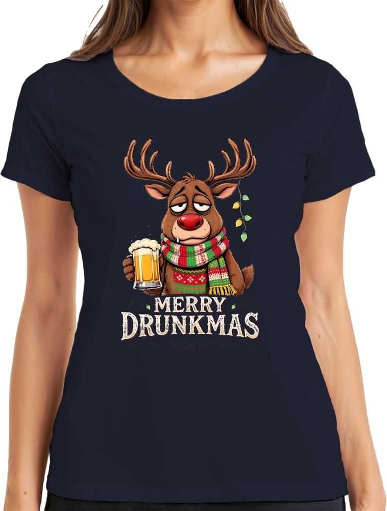 Merry Drunkmas Rentier Bier Weihnachten lustig Geschenk Retro Damen T-Shirt, Navy, XXL