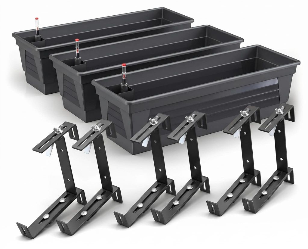 Plastard Blumenkasten 3er Set 80 cm selbstwässernd mit Hydroeinsatz, Wasserstandsanzeiger und robuster Metallhalterung in Anthrazit