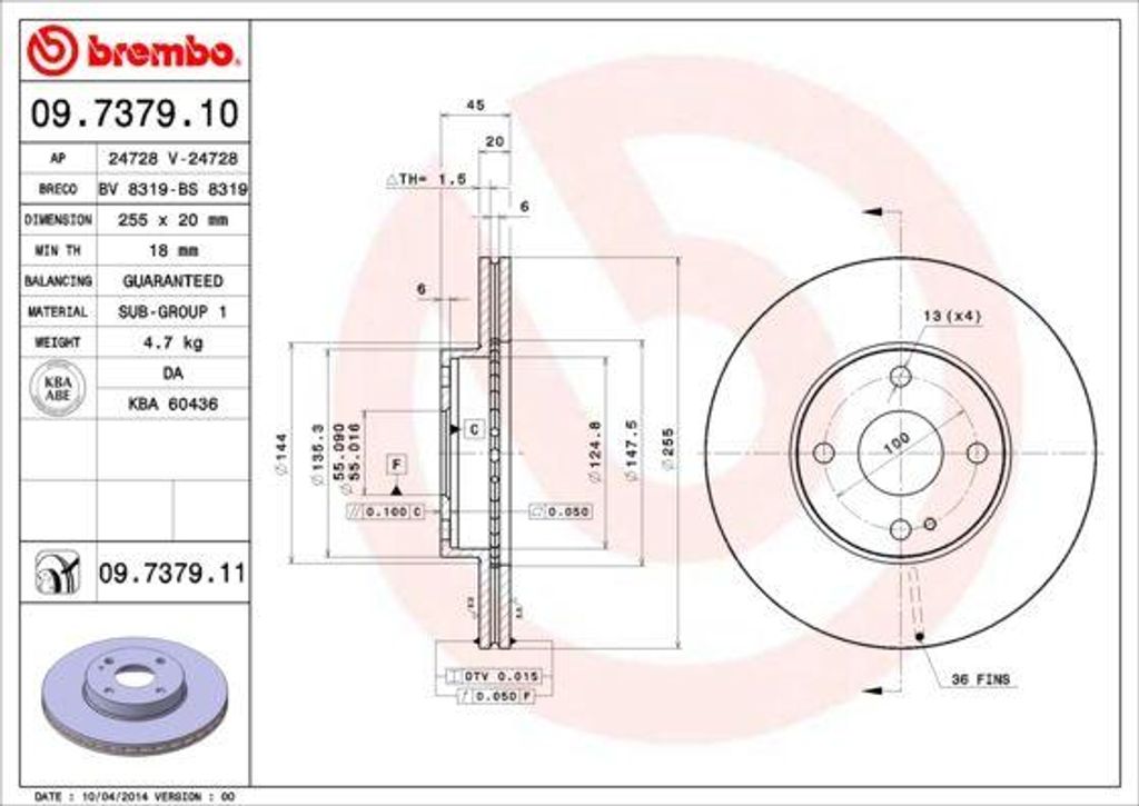 BREMBO 09.7379.11 Bremsscheibe OE N0263325XC kompatibel mit MX-5