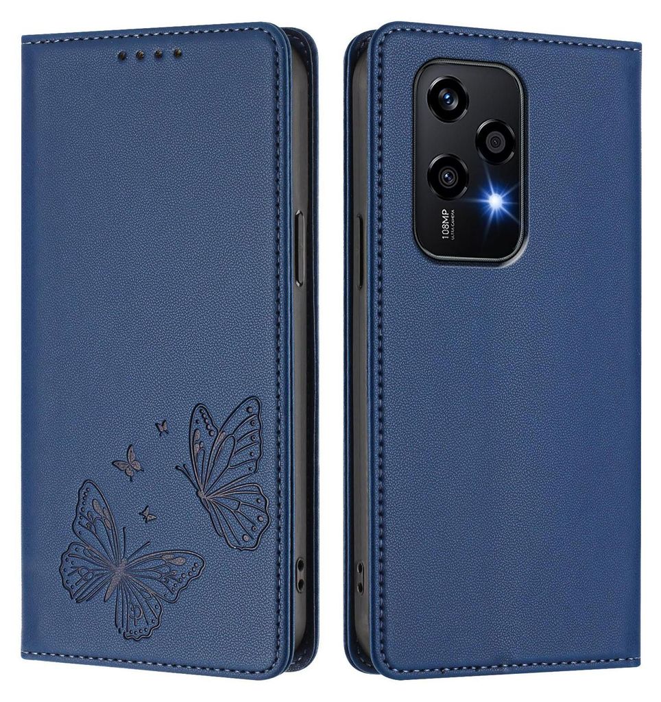 Lederhülle für Honor 200 Lite, Schmetterling Prägung Leder Brieftasche Schutzhülle mit Ständer Dunkelblau