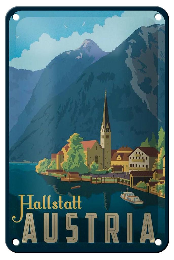 Blechschild Reise 12x18 cm Hallstatt Österreich See Berge Kirche Deko Schild