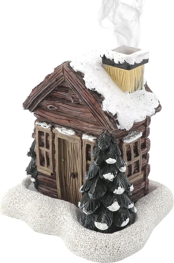 Blockhaus-Raeuchergefaess, Kunstharz, weihnachtlicher verschneiter Winter-Raeucherkegelbrenner mit Weihnachtsbaum, Feiertags-Tischdekoration, Kamin...