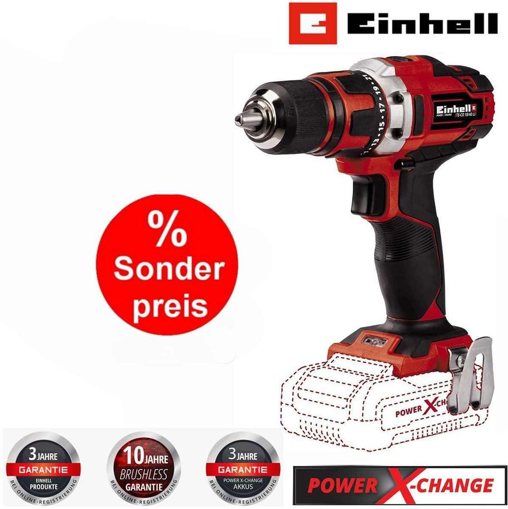 Einhell Akku-Bohrschrauber TE-CD 18/40 Li-Solo 18 V, 40 Nm Drehzahl-Elektronik, LED-Licht
