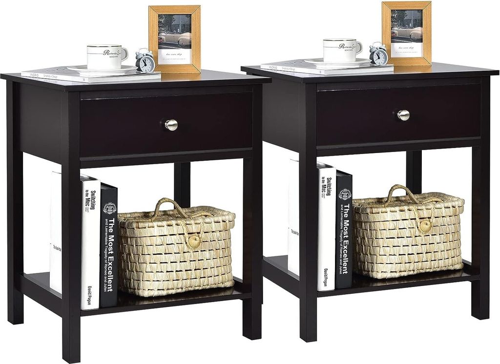 2er Set Nachttisch, Beistelltisch Nachtschrank mit Schublade & offenem Regal, kleine Nachtkommode Nachtkonsole, Sofatisch Couchtisch Flurtisch Tele...
