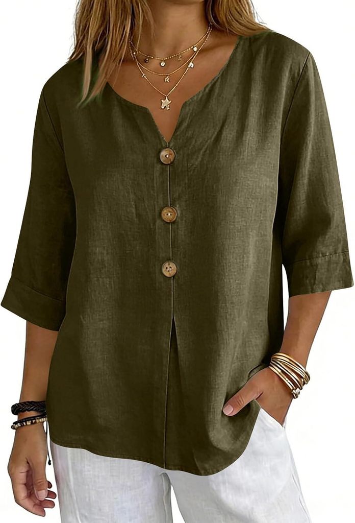 ASKSA Musselin Bluse Damen 3/4 aermel Sommerbluse Oversized Elegant V-Ausschnitt Tshirts Hawaii Hemd Leichte Kurzarm Bluse Top (Armeegruen,XL)