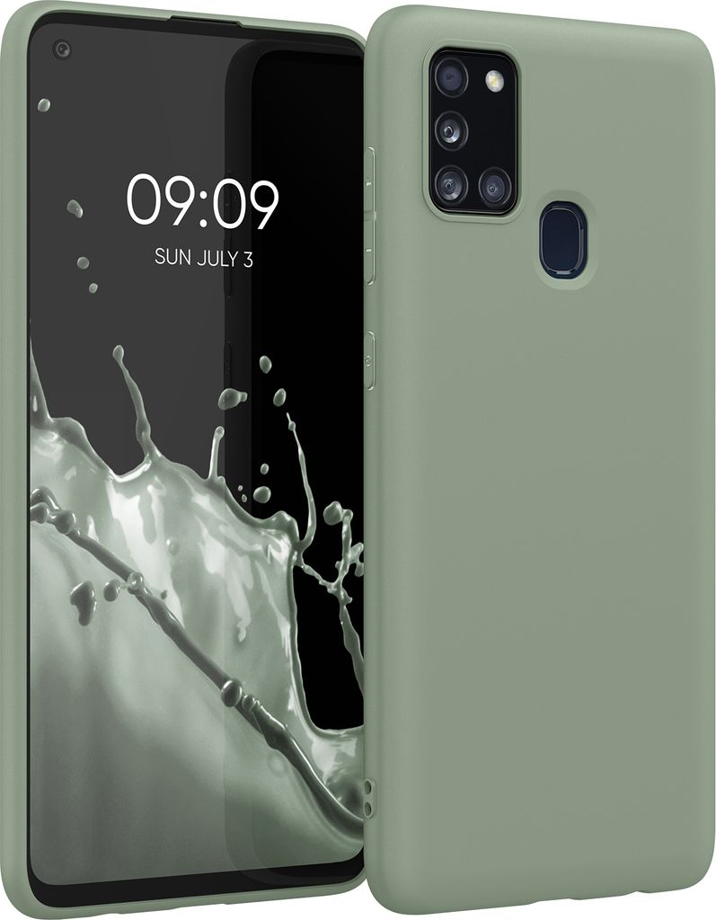 kwmobile Hülle kompatibel mit Samsung Galaxy A21s Hülle - weiches TPU Silikon Case - Cover geeignet für kabelloses Laden - Graugrün
