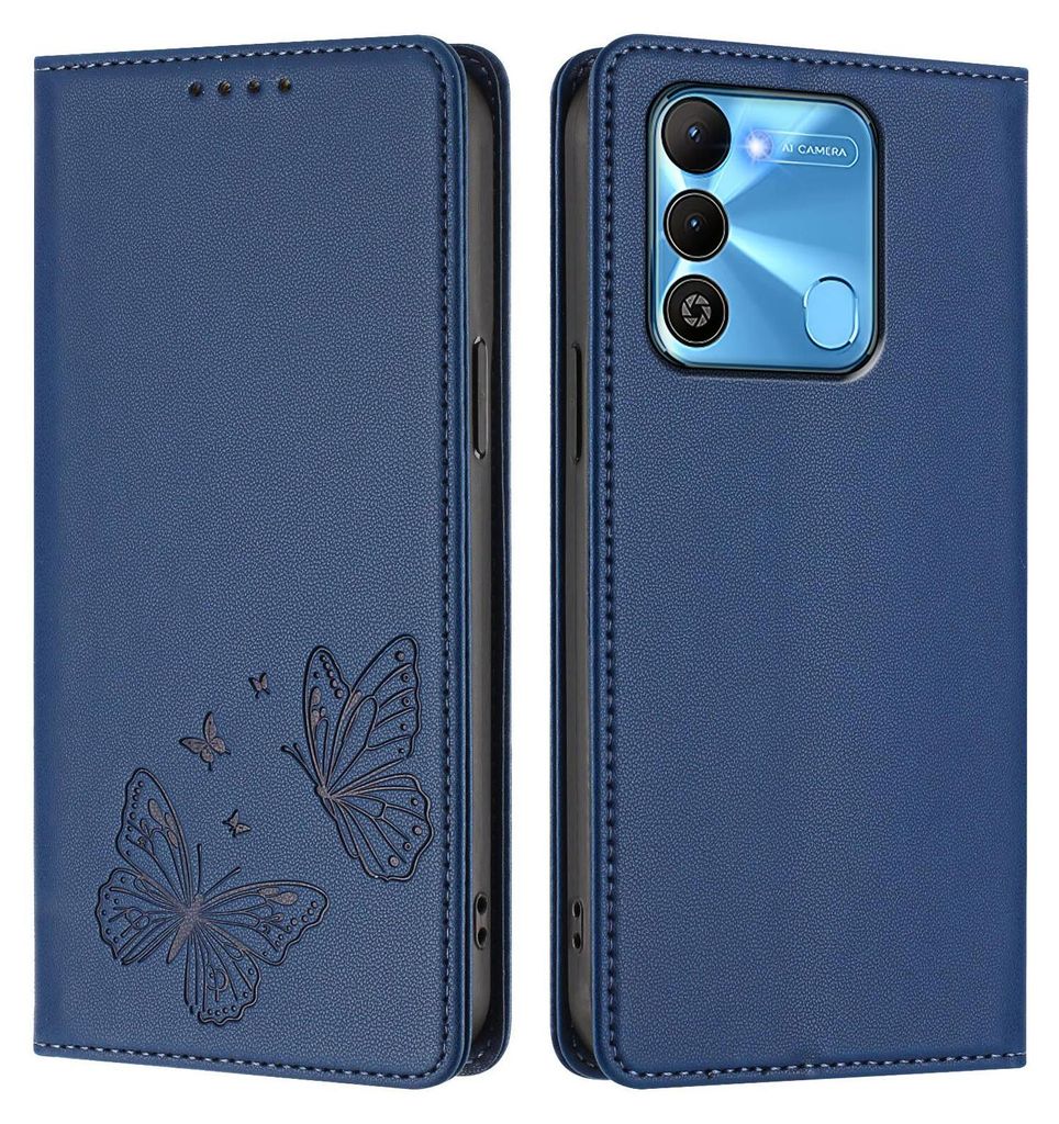 Lederhülle für Tecno Spark 9/Spark 8/Spark Go 2022, Schmetterling Prägung Leder Brieftasche Schutzhülle mit Ständer Dunkelblau