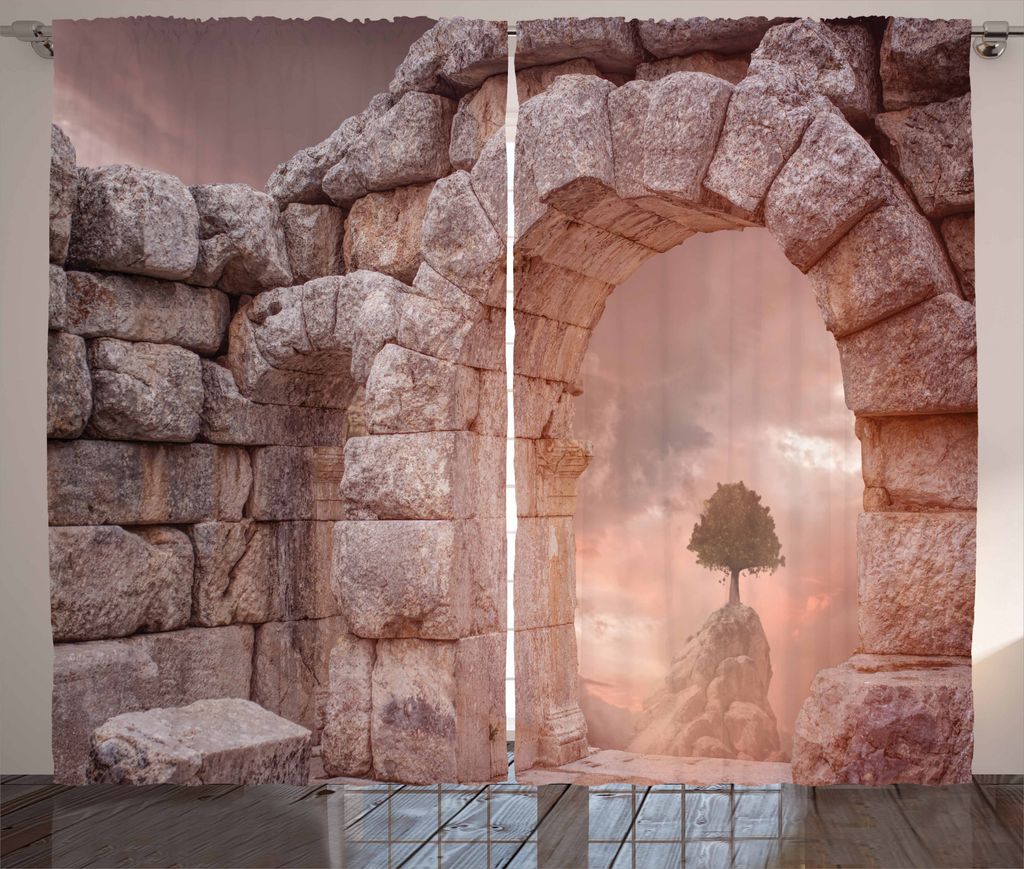 ABAKUHAUS Landschaft Rustikaler Vorhang, Griechisch-Gebäude, Wohnzimmer Universalband Gardinen mit Schlaufen und Haken, 280 x 175 cm, Warm Taupe