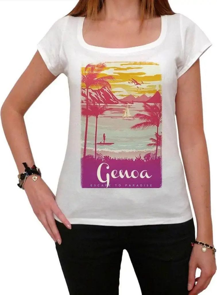 Damen Grafik T-Shirt Genua Flucht ins Paradies – Genoa Escape To Paradise – Öko-Verantwortlich Vintage Jahrgang Kurzarm Lustige Druck Geburtstag