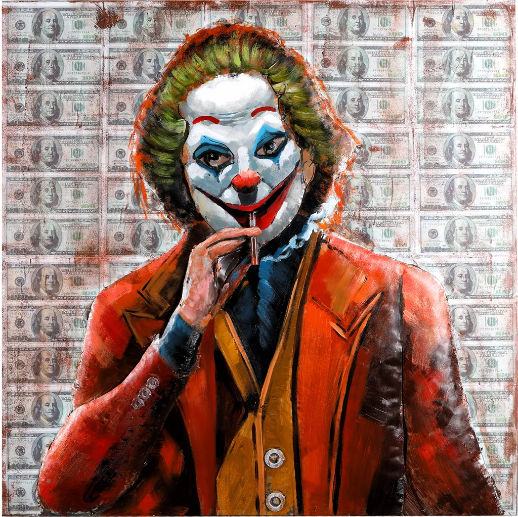 Tableau Joker Dollar en relief 5cm métal sculpté main format 100x100