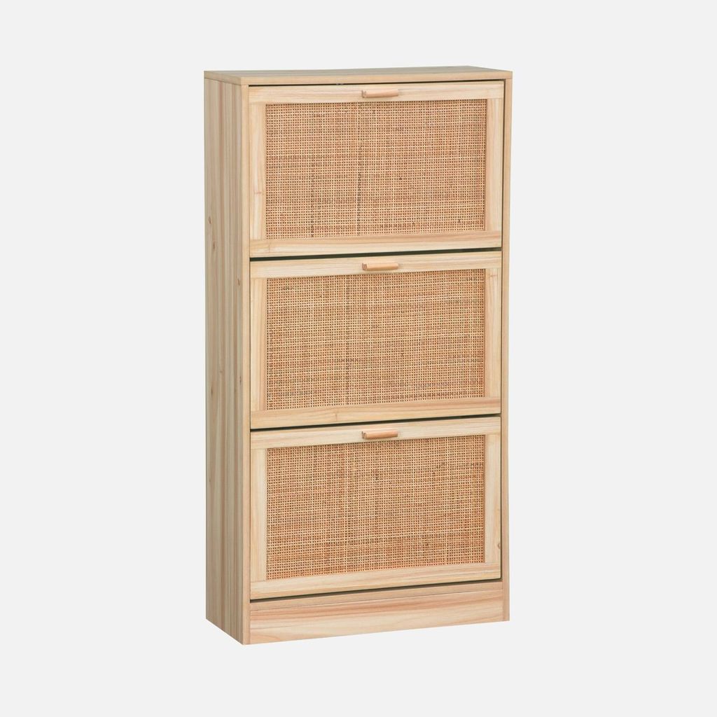 sweeek - Schuhmöbel 3 Türen Rattan-Geflecht und Holzdekor - Natur