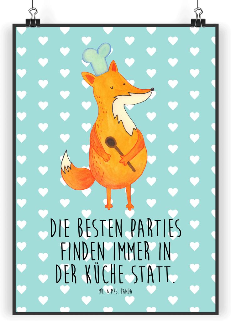 Mr. & Mrs. Panda Bild Fuchs Koch DIN A4 - Türkis Pastell - Geschenk, Wanddekoration, drucke, Kochlöffel, Geburtstag, Wandbild, Bäcker, wanddeko,...