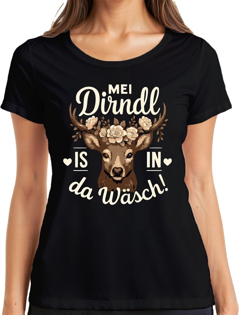 Mei Dirndl is in da Wäsch Wiesn Tracht Hirsch Bayeris Damen T-Shirt, Schwarz, S