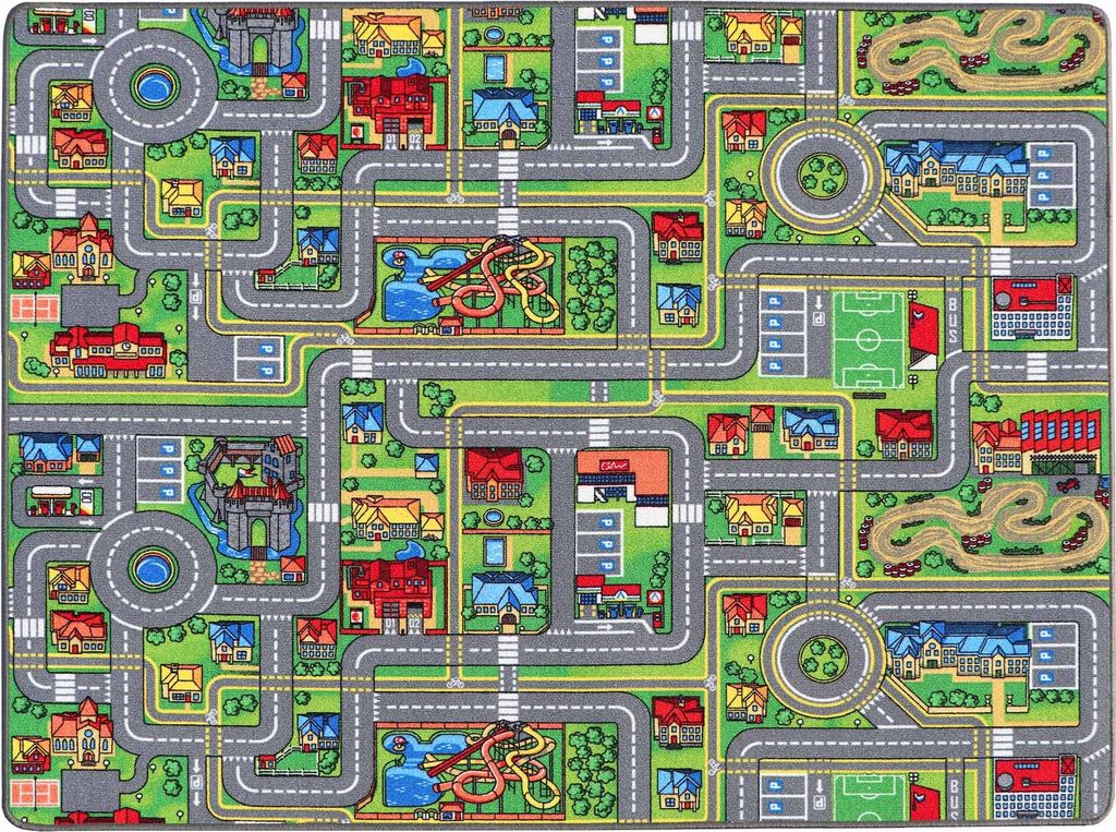 A colorful children's play mat depicting a town with roads, houses, a castle, a playground, and a soccer field.