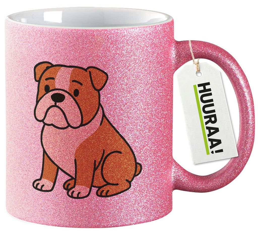 Huuraa Glitzertasse English Bulldog Comic Bully 330ml Pink Keramik Kaffeebecher Geschenkidee