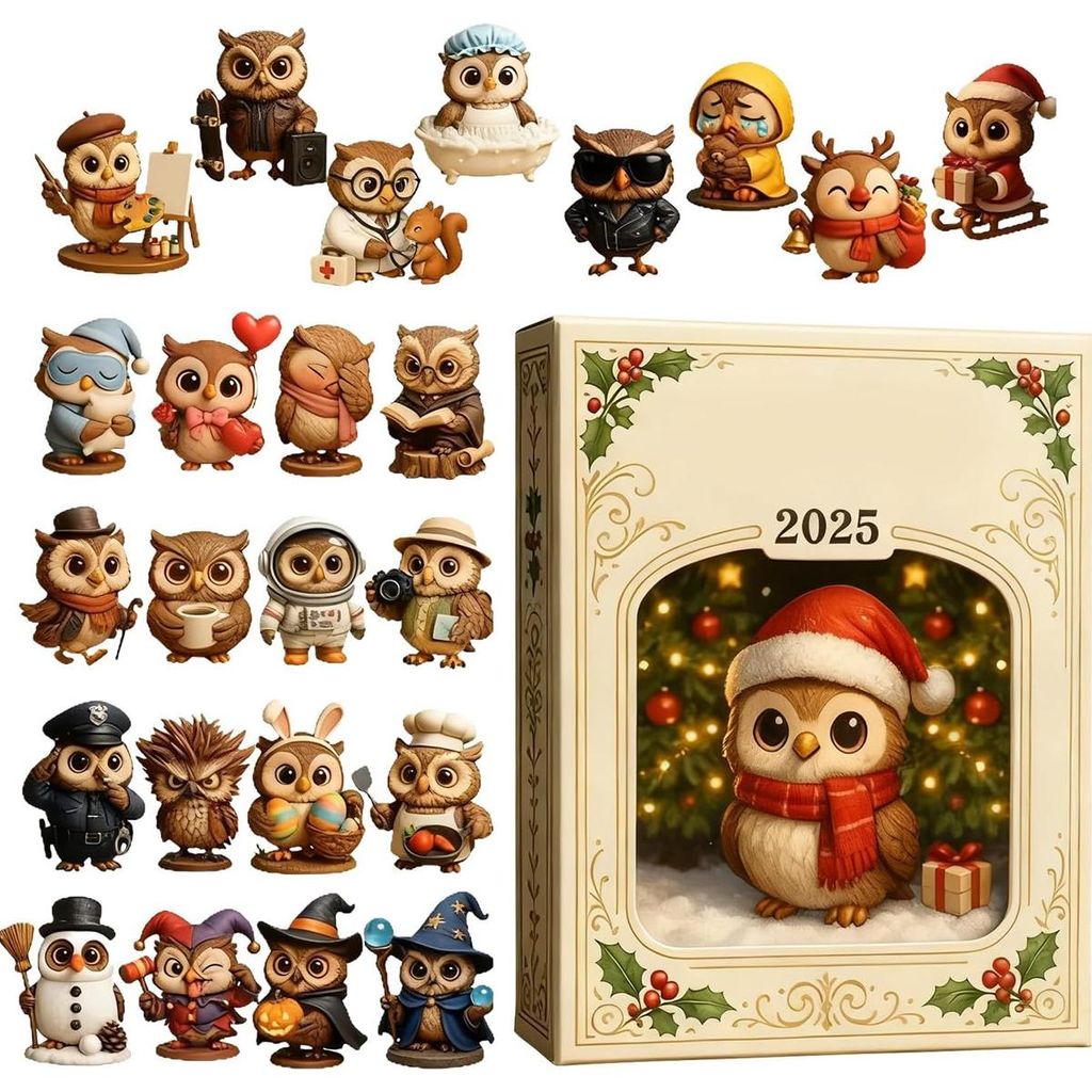 24-tägiger Eulen-Adventskalender 2025, Mini-Eulenfiguren, Produktbild 