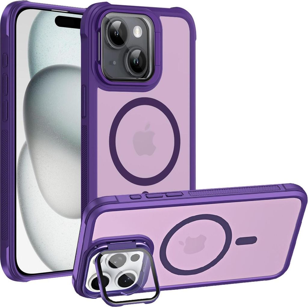 Conie MagSafe Schutzhülle für iPhone 15 Hard Case Kunststoff Kamera Schutz Cover Hülle magnetisch mit Ständer in Lila