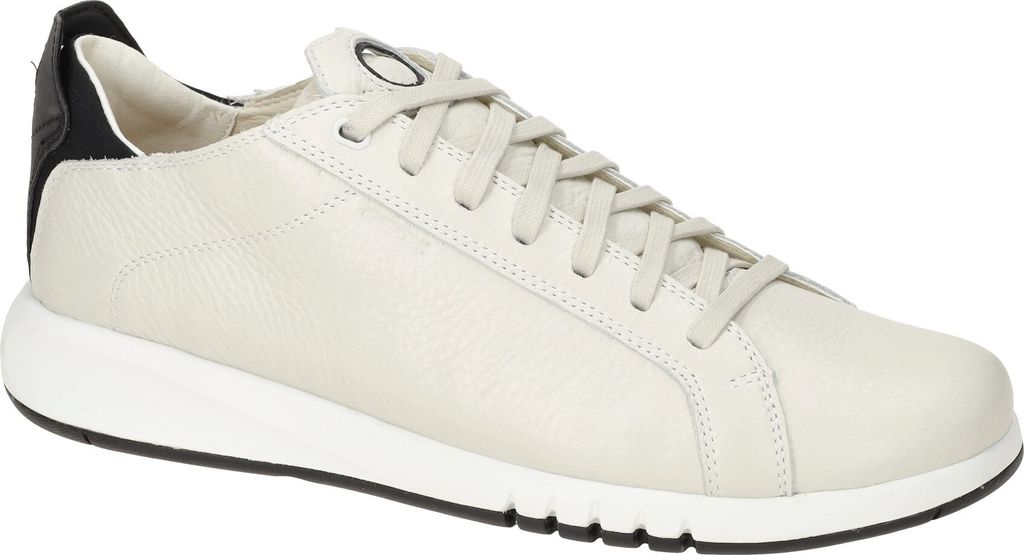 A single white sneaker with black accents is shown against a white background.