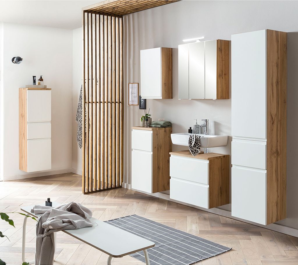 Badmöbel Komplett Set inkl. LED Beleuchtung in Wotan Eiche Nb. mit weiß matt, VASTO-03-WHITE
