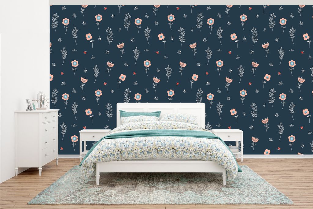 MuchoWow Fototapete für Wohnzimmer oder Schlafzimmer Wandtapete Vinyl Motivtapete Blume - Insekten - Muster - 535x300 cm - Wanddekoration