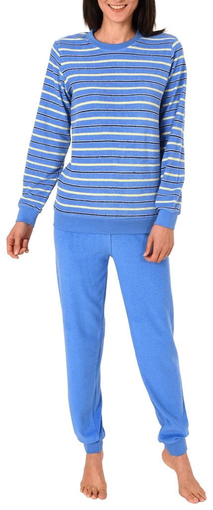 Kuscheliger Frottee Pyjama für Damen mit Bündchen und geringelten Oberteil - 291 13 772 ; hellblau , 44/46