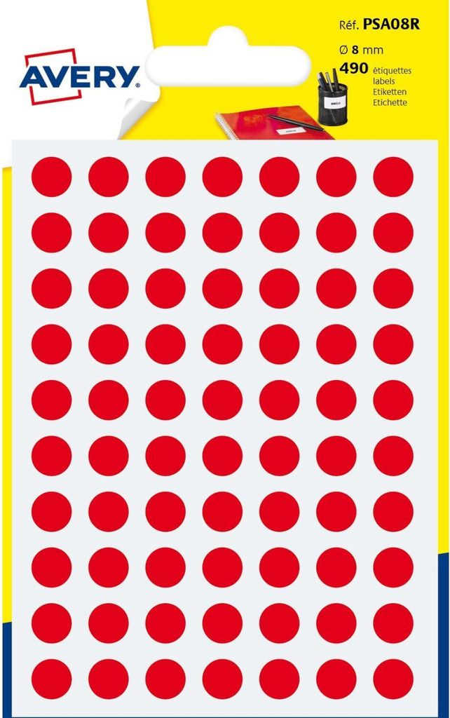 Avery - PSA08R runde Markierungsetiketten, Durchmesser 8 mm, Blister mit 490 Stück, rot