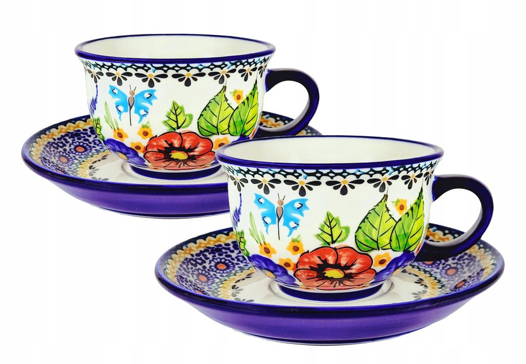 2er Set Kaffeetassen mit Untertassen 250 ml – Handbemalte Keramik, Blumenmotiv Blau-Weiß, Tassen Set Geschenkidee