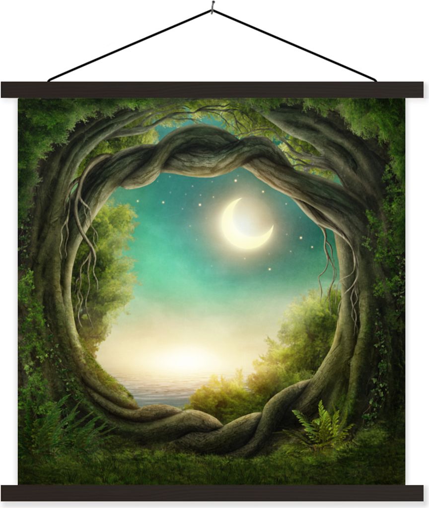 MuchoWow Textilposter Wald - Mond - Sternenhimmel 40x40 cm mit schwarzem Rahmen - Fotos