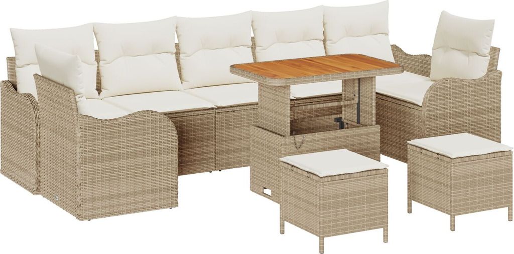 Best Möbel 10-teiliges Garten Sofa Set mit Kissen Beige Poly Rattan Akazie, 2-Sitzer Garten Sofa mit Stauraum & Kissen Beige Poly Rattan, 3-teilig...