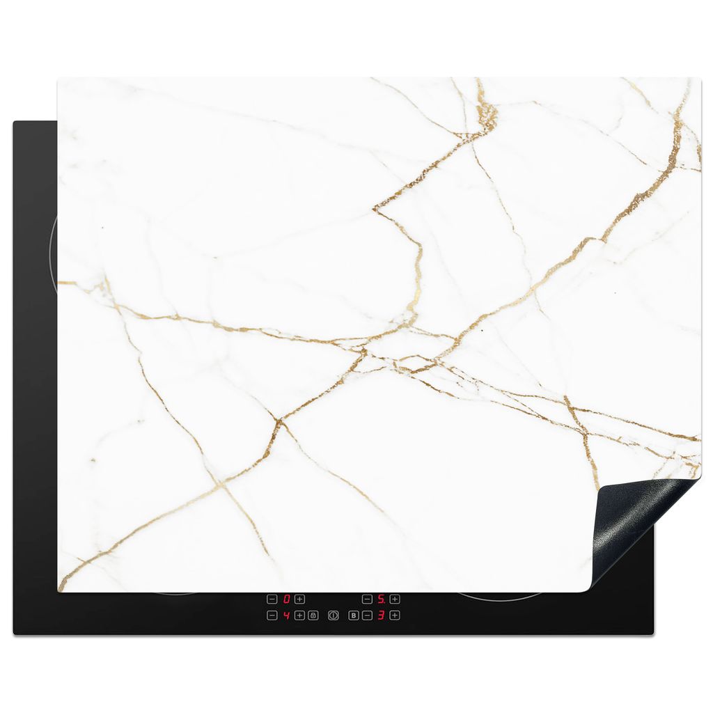 KitchenYeah Herdabdeckplatte Marmor - Weiß - Gold , 65x52cm, Küche Deko, Glaskeramikkochfeld Herdabdeckung, Abdeckplatte fùr Kochfeld