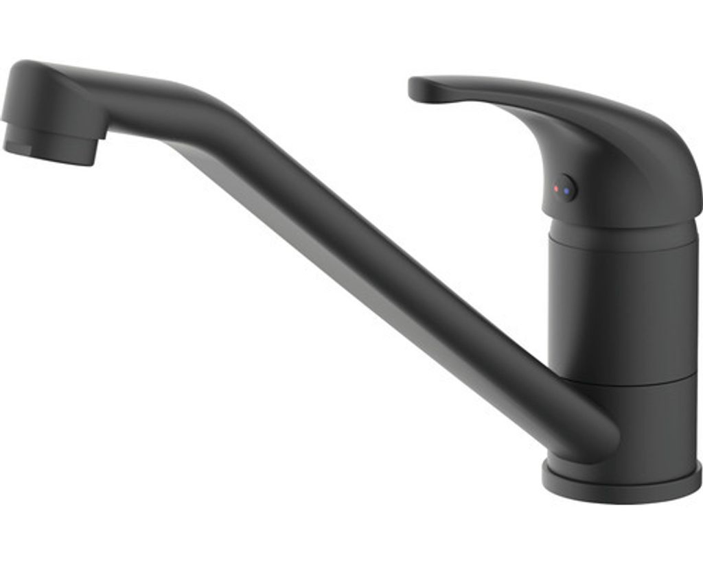 A black kitchen faucet shown from a side angle against a white background.