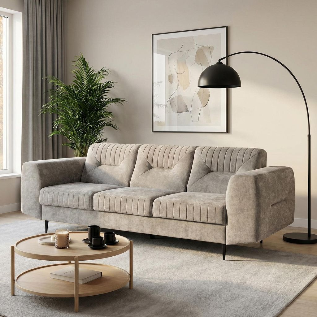 BEAUTYSOFA | 3-Sitzer Sofa VENEZIA Chenillestoff Beige – Polstersofa mit Metallbeinen Schwarz, Couch Wohnzimmer, modernes Sofa ohne Schlaffunktion