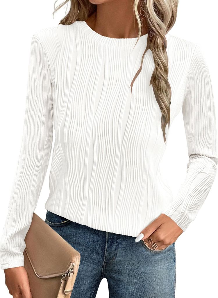 ASKSA Damen T-Shirt Rundhals Plissee Langarmshirts Basic Einfarbig Laessig Casual Bluse Elegant Oberteile (Weiss,XL)