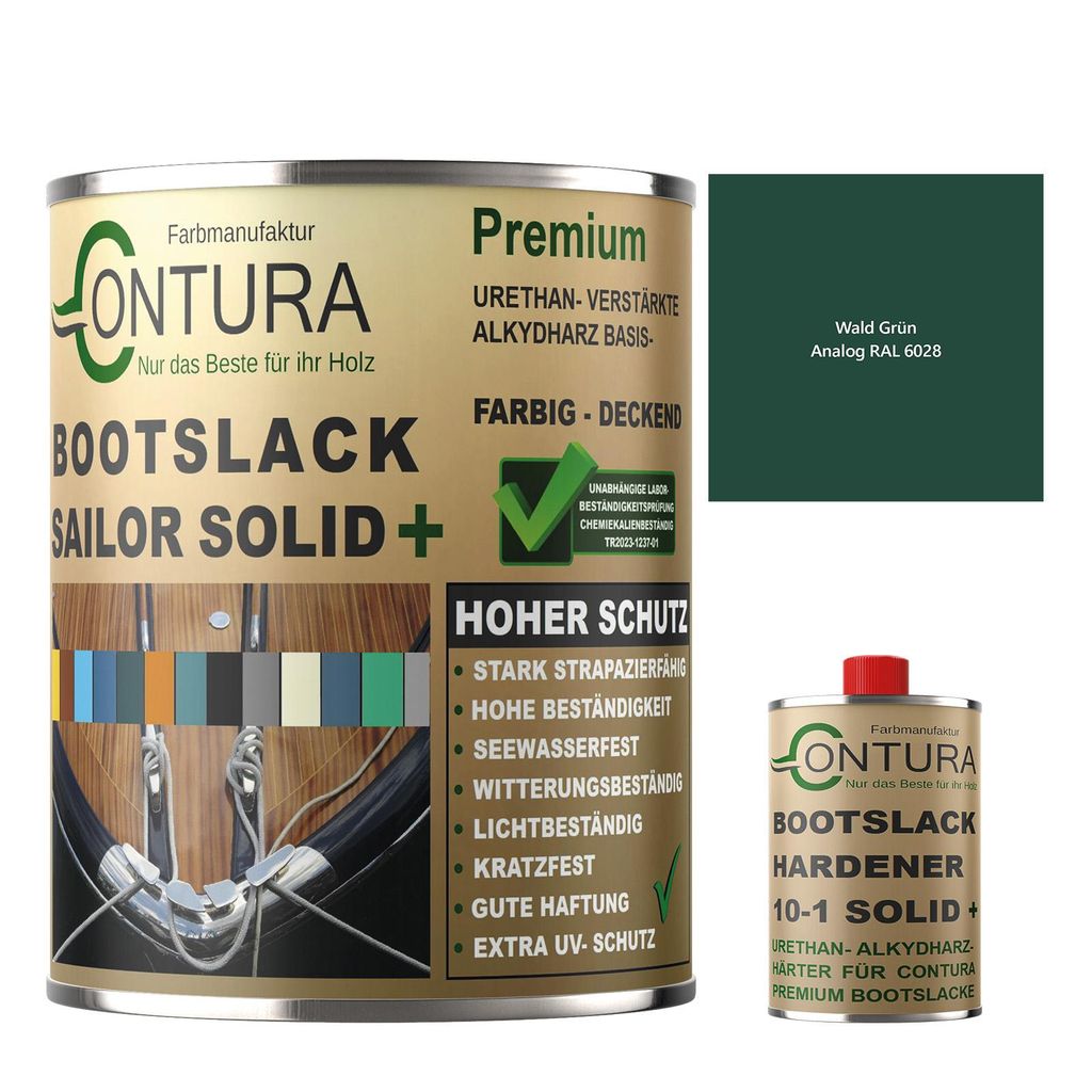 Contura 1.10 Liter 2K Bootslack SEIDENMATT RAL Farbe Yachtlack Holzlack GFK Metall Boot Schiffslack - Wald Grün RAL 6028 - (1 Liter + 100ml. HÄRTER)