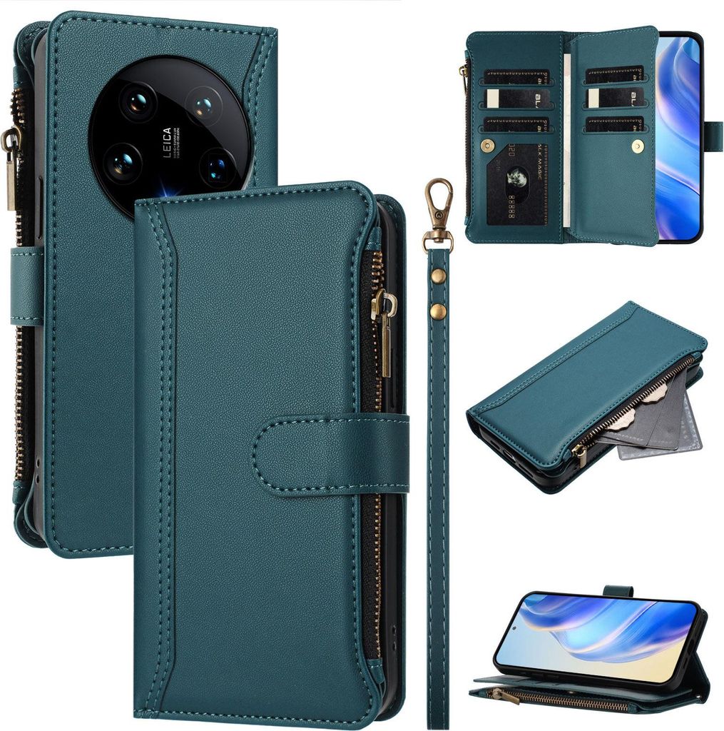 Handyhülle für Xiaomi 14 Ultra Reißverschluss Geldbörse Kunstleder Klapphülle mit Kartensteckplatz, Ständer, Handschlaufe Grün