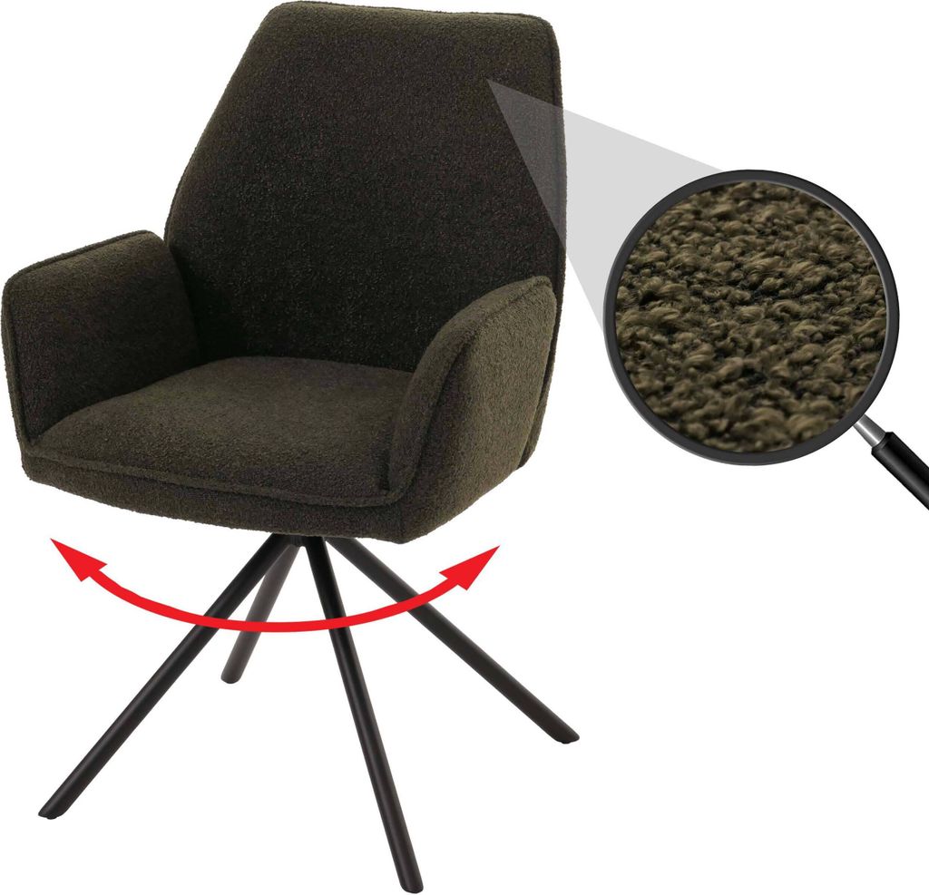 Esszimmerstuhl MCW-G67, Küchenstuhl Stuhl Armlehne, drehbar Auto-Position, Stoff/Textil Bouclé MVG olivgrün