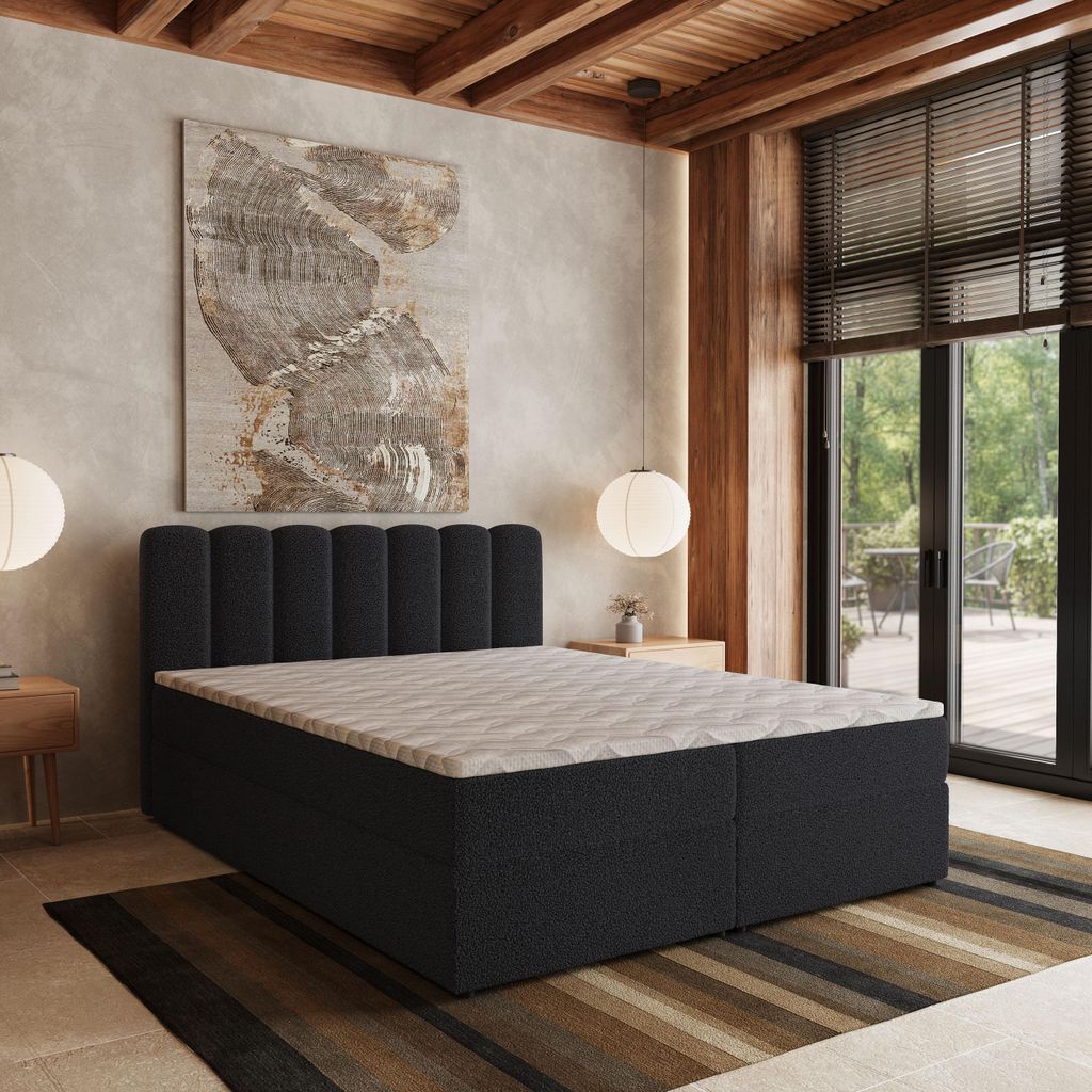 Masseno Boxspringbett SOLIA 160x200 cm Komplett-Set mit Bonell Matratze und Topper, Polsterbett mit Bettkästen -Schwarz, QUELLE 100