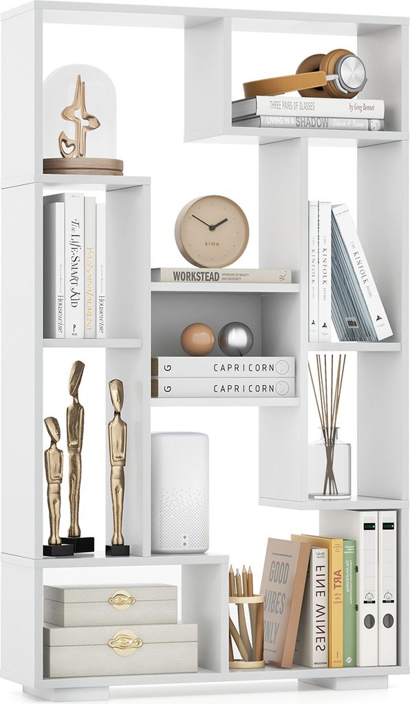 A white geometric bookshelf filled with decorative items and books.