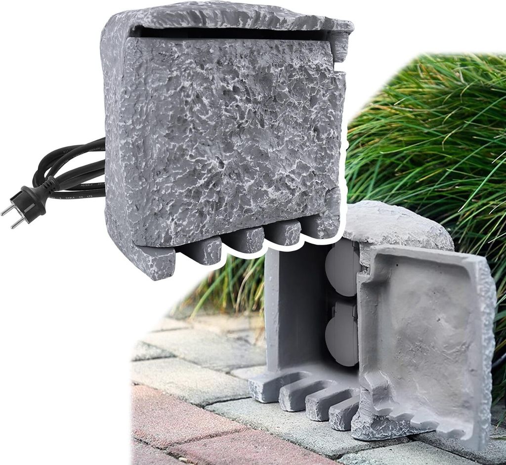 JOIEYOU Gartensteckdose Steckdose Steinoptik Aussensteckdose mit Verlängerungskabel 150cm, 4 Schutzkontakt Außensteckdose Mehrfachsteckdose IP44